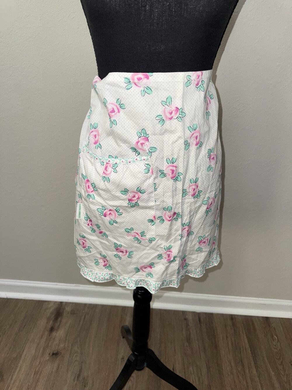 NWT Laura Ashley Floral Half Apron White Pink Rose Cottagecore Vintage Style